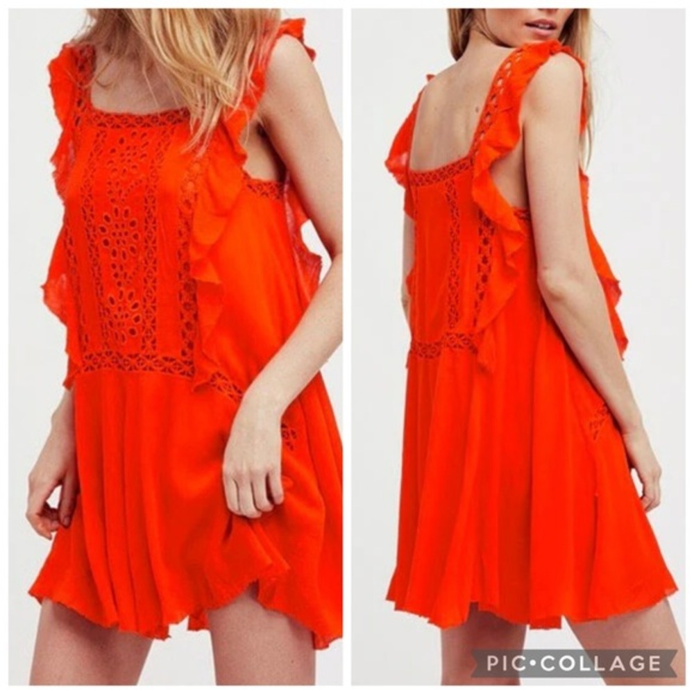 Free People‎ Priscilla Coral Orange Crochet Lace Mini Dress Tunic Boho Festival